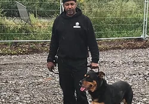 A K1 dog handler with a patrol dog on a gravel site